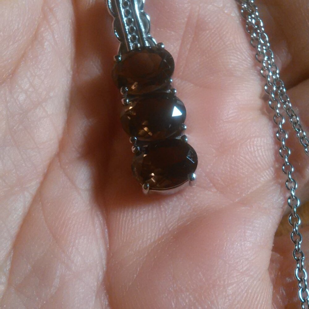 Brazilian Smokey Quartz Three Stone Stainless Steel Pendant Necklace - Picture 13 of 14